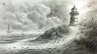 How to draw Beautiful Light House in Seascape with Step by Step Pencil Art