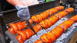 Yummy Tornado！Crazy Grilled Crispy Pork Belly, Spiced Pork Roll/ 瘋狂的烤脆皮豬, 香料豬肉捲製作-街頭美食