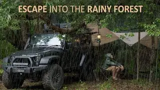 SOLO CAR CAMPING in RAIN [ tarp shelter, JEEP camper ]