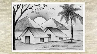 How to draw a Sunrise Scenery with Pencil, Step by step Pencil Drawing