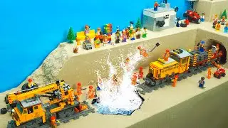 Water Black Hole Near Lego Train Rails Floods Construction Site - LEGO Dam Breach Experiment