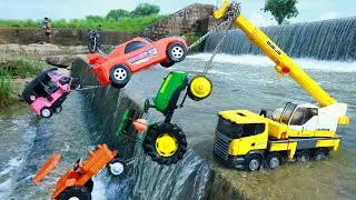 New Bugatti Car Auto Rickshaw Mahindra HMT Tractor Accident River Pulling Out Crane Truck ?CS Toy