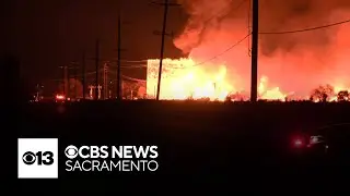 Massive fire burns at wood pallet warehouse near Tracy; 19 homes evacuated