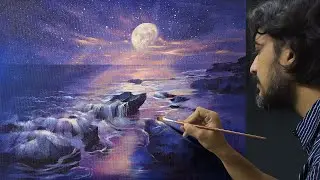 How to Paint Moonlight on Water | Moonlight Sonata | Night Sky Painting in Acrylic Easy