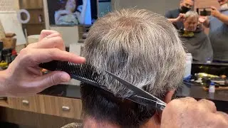 How to make a straight comb on dry gray hair | how to make a social cut with scissors