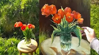 How to paint red tulips in a vase. Idea for a floral still life on canvas. Easy art