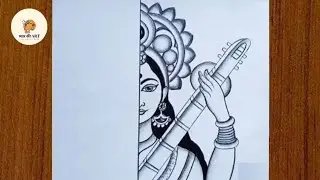 Saraswati Mata Half Face with Bina and Hans Drawing | Saraswati Drawing | Vasant Panchami Drawing