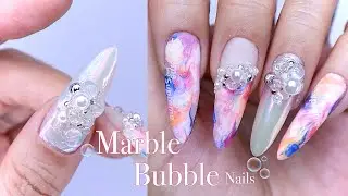 Subtitles) 🫧 Aurora marble bubble nails 🫧 / How to do marble nails easily / Gel extensions