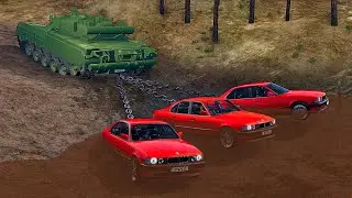 Military Tank Pulling Cars Out of Mud Pit - BeamNG.drive