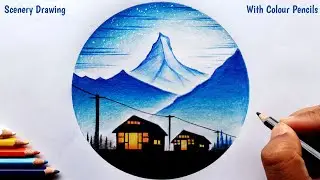 Beautiful Ice Mountain Scenery - Pencil Colour Drawing || Easy Night Scenery - colour pencil drawing