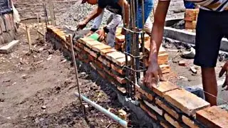 Laying Red Brick Wall Process In House Construction