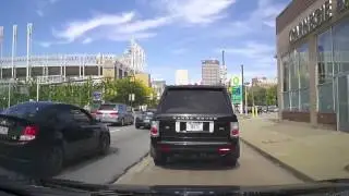 Driving from I71 onto streets of Downtown Cleveland, OH around Progressive Field