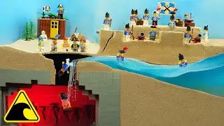 Lego Pirates Fall into Underground Cave - Tsunami Dam Breach Experiment - Pirates vs Soldiers