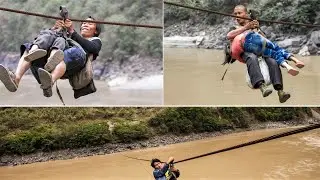 The most dangerous way home | Thrilling cable crossing across the river | Rural life in China