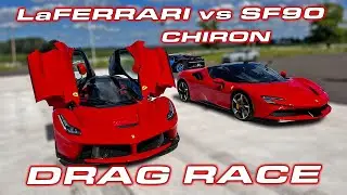 Ferrari LaFerrari vs SF90 Stradale vs Chiron 1/4 Mile Drag and Roll Races