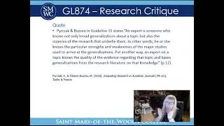 Week 1 introduction GL874 - Research Critique