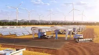 Futuristic harvesters working on field with solar panels and windmills in the background 4K