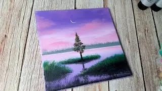 Purple sky landscape painting / easy acrylic painting for beginners ✨️