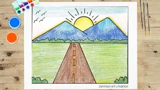 Landscape scenery drawing by colour pencil| mountain scenery Drawing for Beginners