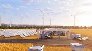 Harvesters on field with solar panels and windmills in the background 4K