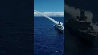 The Royal Netherlands Navy’s Ship the HNLMS Tromp F803 Fires a Harpoon Missile