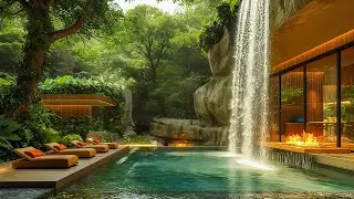 Sweet Jazz Music & Waterfall Sounds At Peaceful Garden Space - Soft Jazz In Cozy Living Room