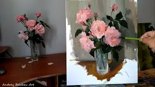 How to Paint a Pink Roses on a Gray Background. Oil Painting on Canvas