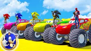 COLORS SONIC, SPIDERMAN, RED POWER RANGERS TEAM With Monster Truck CARS JUMP Challenge On RAMPS #998