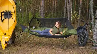 Solo Camping Girl in a Hammock Tent: Lake Shore Fishing in a Folding Kayak ASMR