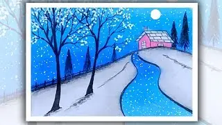 Snowfall scenery drawing with oil pastels, How to draw moonlight