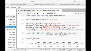 Using sklearns One-Hot Encoder Object. Turning variables into one-hot encoded binary variables.