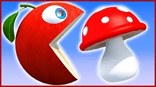 Pacman Apple Kid in Dino Park Meets Baby T-Rex and Triceratops Finds Gummy Bears and Eats Apple