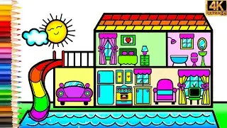 РИСУНОК ДОМА С БАССЕЙНОМ 🏡🌳🌞🚗КАК НАРИСОВАТЬ ДОМ - МАШИНУ - ДЕРЕВО - СОЛНЦЕ - ВИЛЛУ😍ЛЕГКОЕ РИСОВАНИЕ