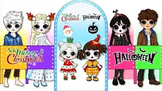 Familia de Halloween vs. Navidad: Elsa, Wednesday y Jack Frost | Muñeca de papel