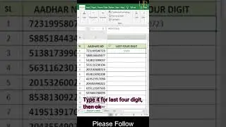 Write last 4 digit number of Aadhaar number in MS Excel