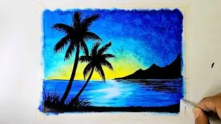 Beach Scenery Drawing with Oil Pastel and Poster Color | Scenery Drawing | Beach scenery drawing