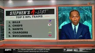 FIRST TAKE | Stephen A. list Top 5 NFL teams: 1. Bills 2. Chiefs 3. Saints 4. Chargers 5. Buccaneers