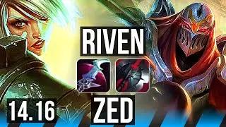 RIVEN vs ZED (MID) | 6 solo kills, Rank 8 Riven, Dominating | NA Challenger | 14.16