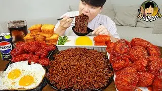 ASMR MUKBANG 직접 만든 양념 치킨먹방! 튀김만두 짜파게티 레시피 & 먹방 FRIED CHICKEN AND BLACK BEAN NOODLES EATING SOUND!