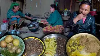 Buff dry meat and Potato mix recipe Curry with Nepali Traditional food DHIDO || Local Village food