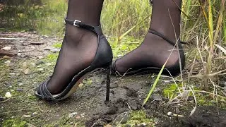 Sinking in mud high heels, shoeplay, sandals abuse, high heels stuck in mud, shoe dangling (# 1125)