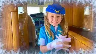 Nastya pretends to be a flight attendant for dad on the plane