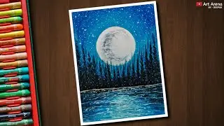 Simple Moonlight scenery drawing with Oil Pastels - step by step