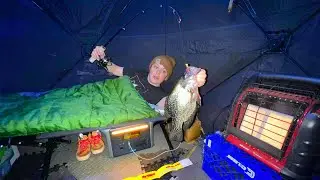 24 hour Ice Camping in Portable Fish House!