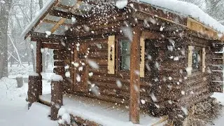 Cozy solo overnight and a snowy and cold off grid log cabin  No talking # Bush craft