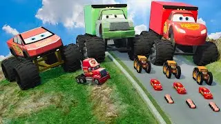 Big & Small Lightning McQueen Monster Truck vs Small Pixar Cars with Big Wheels in BeamNG.Drive!