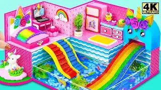 Build a Underground Aquarium Around Mini Pink House With Rainbow Unicorn Slide | DIY Miniature House