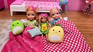 Sleepover at Chelsea ! Elsa & Anna toddlers - Barbie surprise toys - bedtime routine