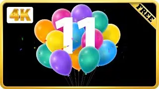 Balloons number 11 with confetti birthday black screen loops