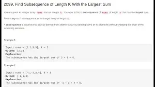 Find Subsequence of Length K With the Largest Sum PHP solution (Leetcode biweekly-contest-61)